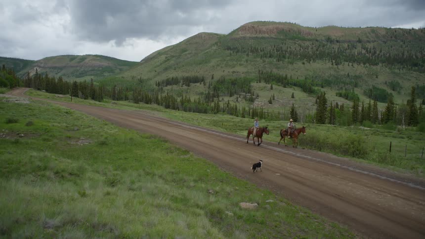 Two women ride horses on the trail as a dog rolls in the grass next to them