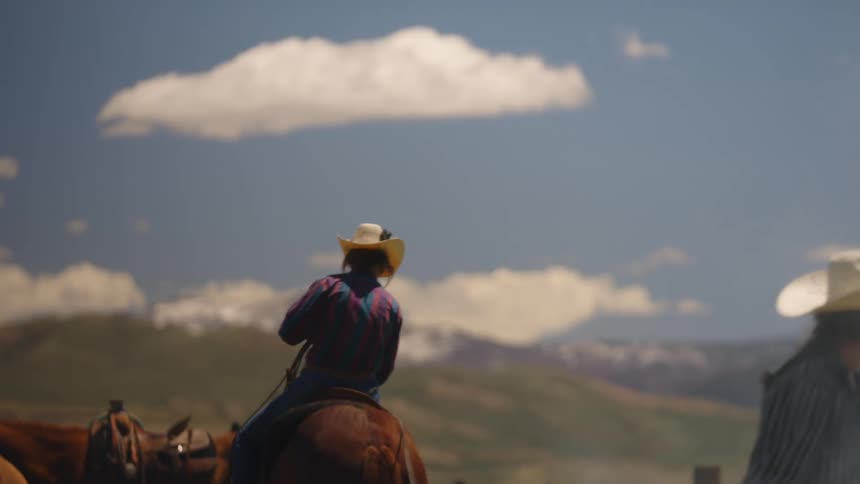 Woman on horseback in a pasture with mountains in the background