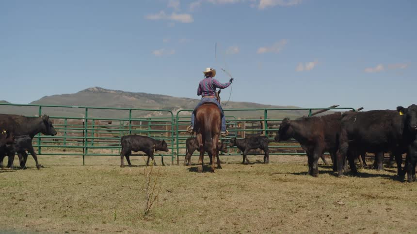 A rancher on a horse attempts to lasso a calf in an enclosure