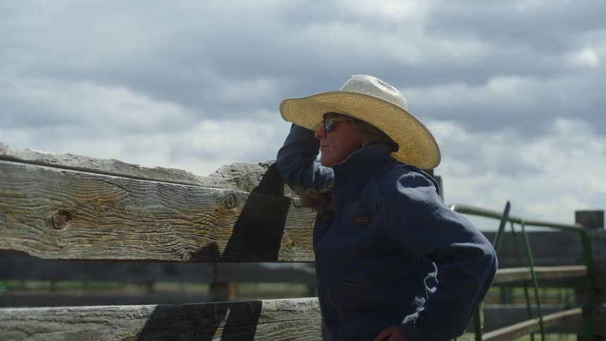 A woman leans against a farm enclosure fence as the wind blows her hair