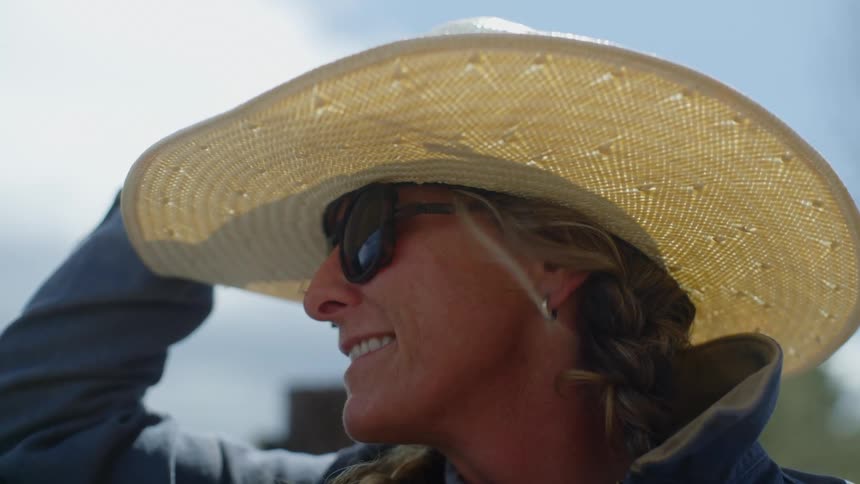 Portrait of a cowgirl woman with hat and sunglasses