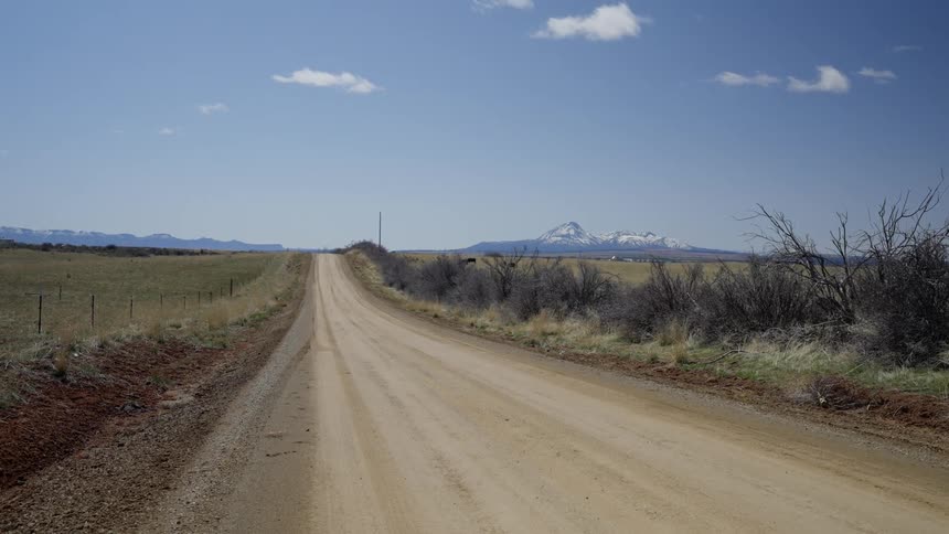 A long dirt road is bordered by a grass field and vegetation