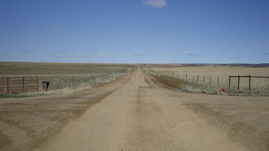 Crossing a dirt road with fenced fields on a blue sky day