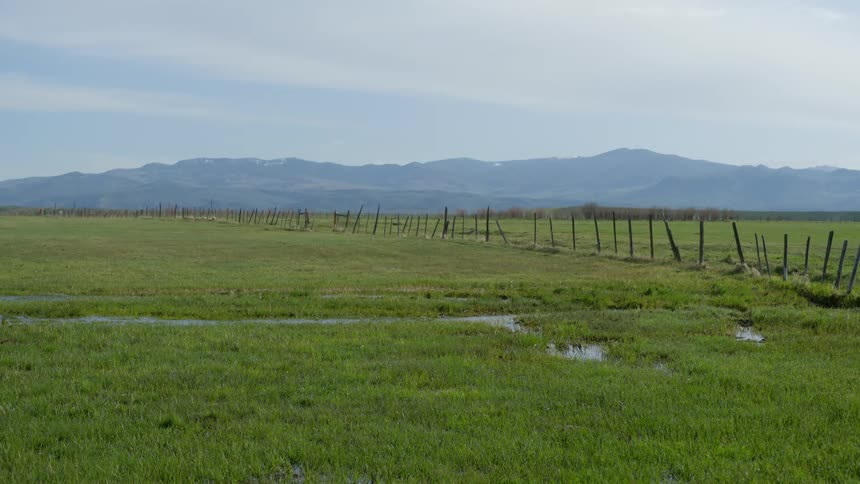 Natural landscape of a large green field with fences on a farm and the silhouette of mountains in the background