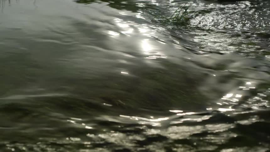 Moving river with reflections of the sun