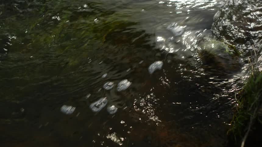 Close up of flowing river water and reflection of sunlight