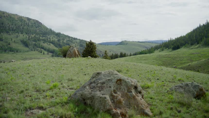 Several giant boulders sit in a grassy mountain valley