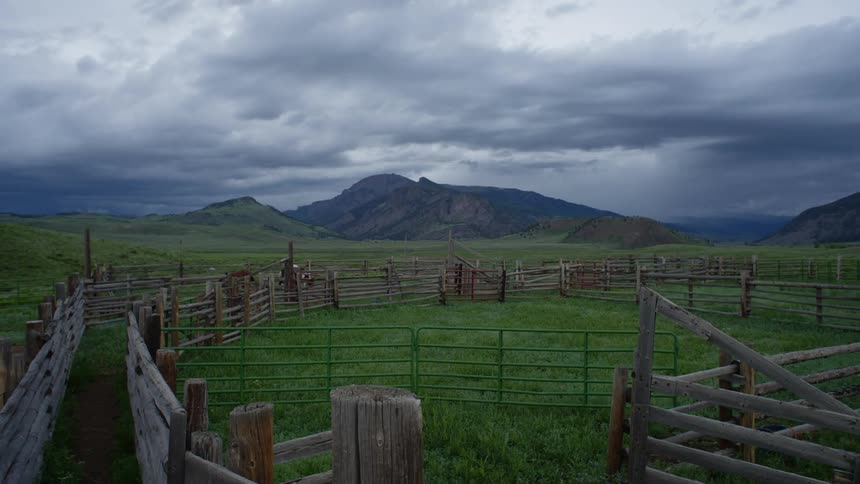 A rustic wooden corral in a vast grassy field with mountains in the background under an overcast sky