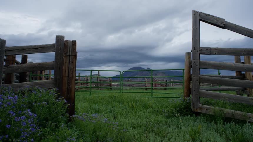 An empty corral with a metal gate and wooden fences
