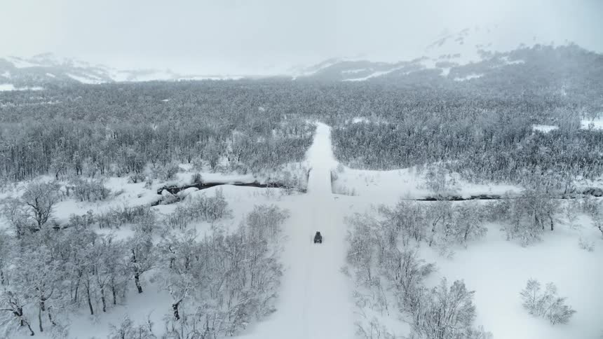 Aerial view of a car traveling in a snowcovered forest