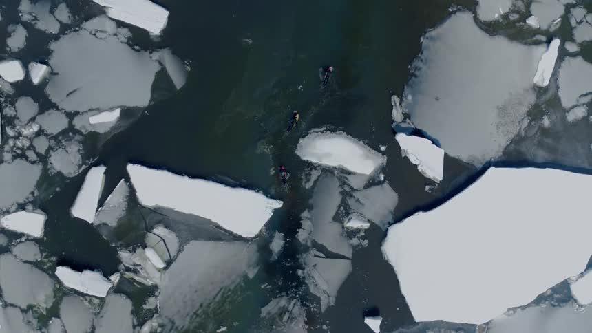 Aerial view of three surfers crossing glaciers in the middle of the sea