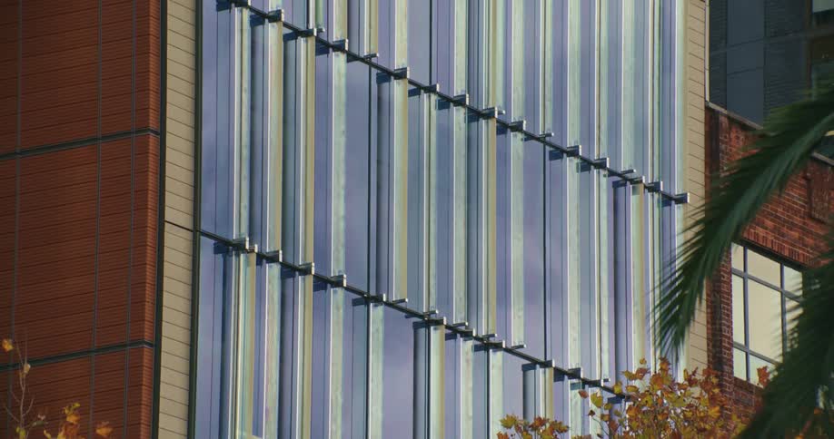 Sunlight is reflecting on the large windows of the building