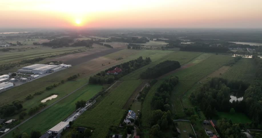 Aerial view of a rural area with houses and factories