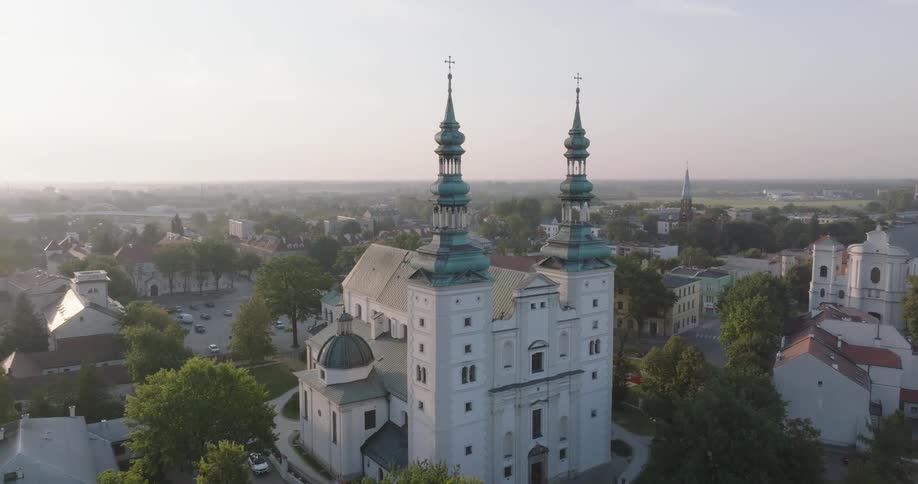Aerial view of a church in a residential neighborhood