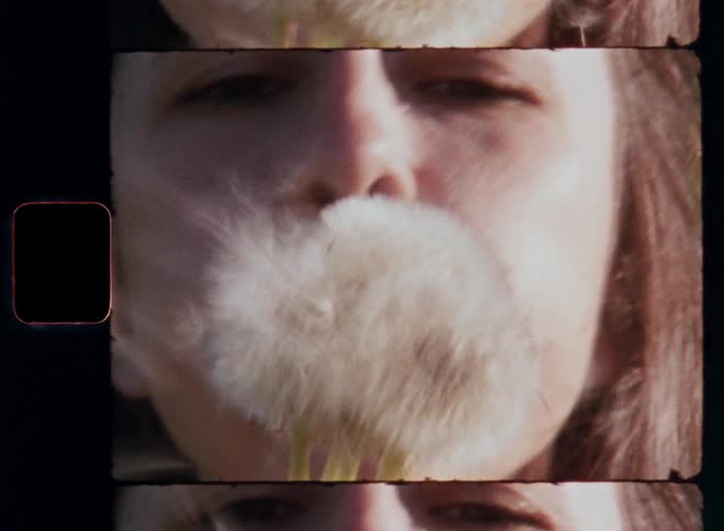 A young woman smiles while blowing white dandelion seeds into the air