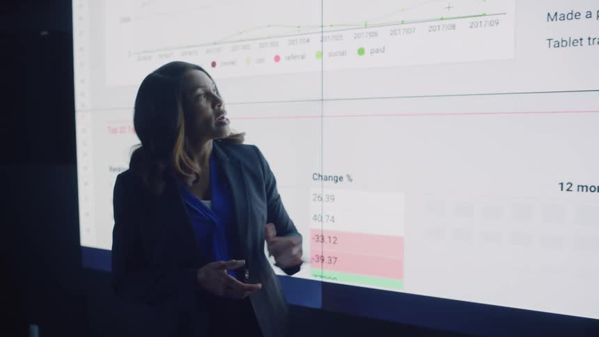 Woman in an auditorium presenting a graph on a digital screen