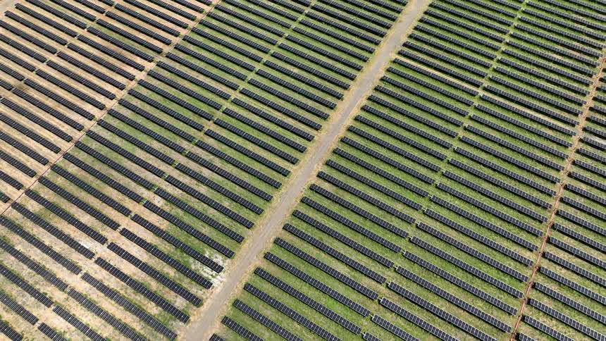Aerial view of solar panels in a field