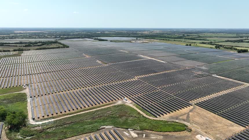 Aerial view of vast fields of solar panels