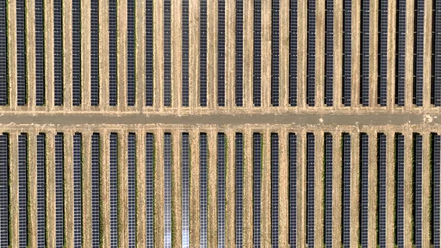 A closeup view of row of panels on a solar farm