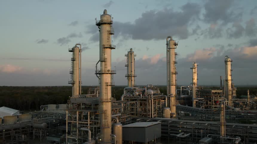 Aerial aerial panorama of a factory with towers