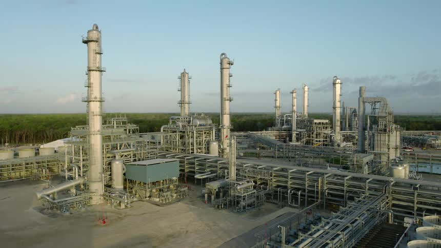 Refinery occupies a flat area surrounded by woods on a cloudy day
