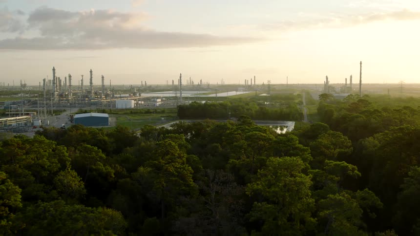 An aerial clip of a factory in the woods
