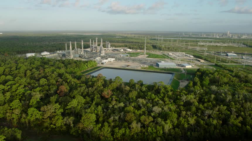 Refinery with water reservoir in an environment surrounded by trees