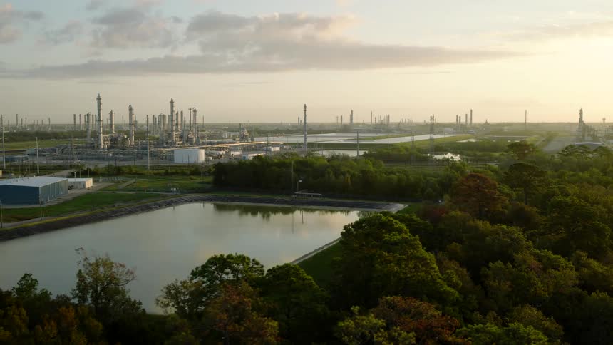 A large industrial complex with tall smokestacks against a lush green forest at sunset