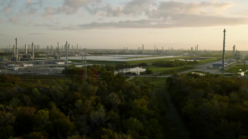Aerial view of a large refinery in a green environment