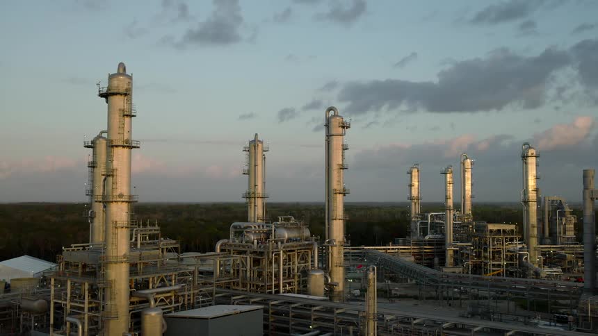 Large industrial facility with multiple tall distillation columns and an intricate network of pipes and valves