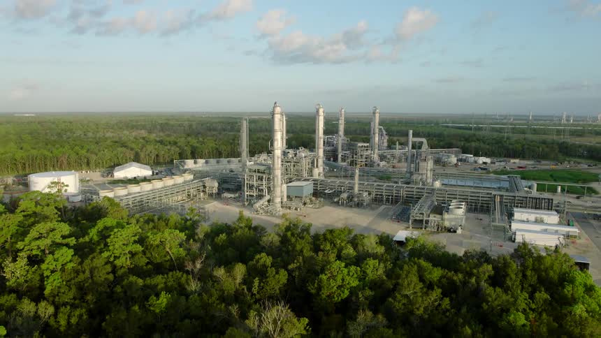 An industrial plant with tall towers and pipes sits nestled within a green forest