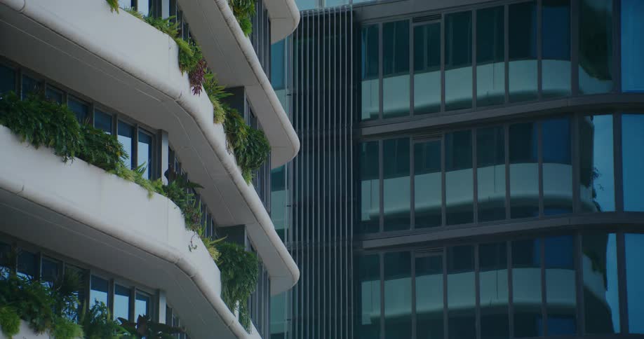 Closeup view of modern buildings with distinctive architectural features