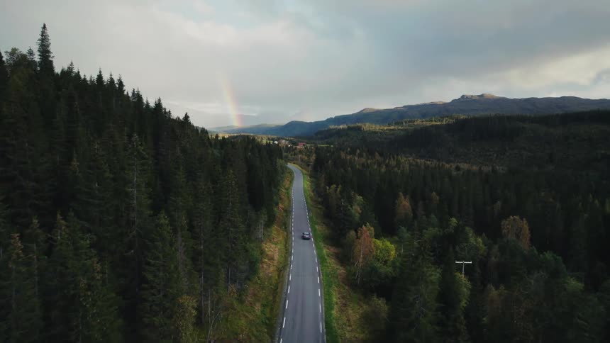 Aerial view of a road cutting through a dense forest with mountains in the background and a rainbow on the horizon