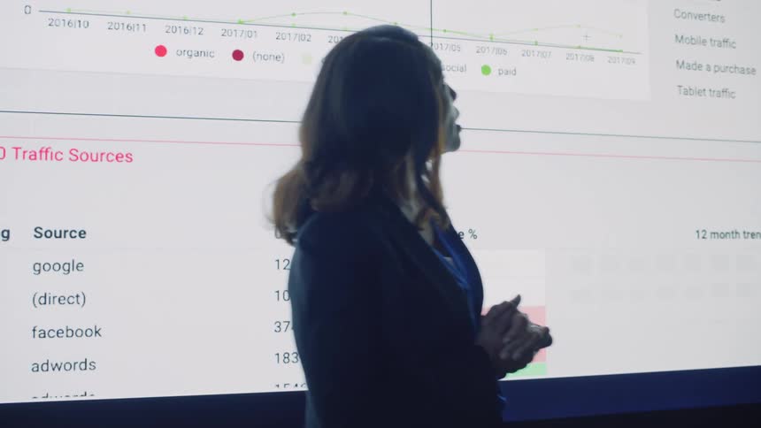 Woman in blazer giving a presentation of a graph slide in an auditorium