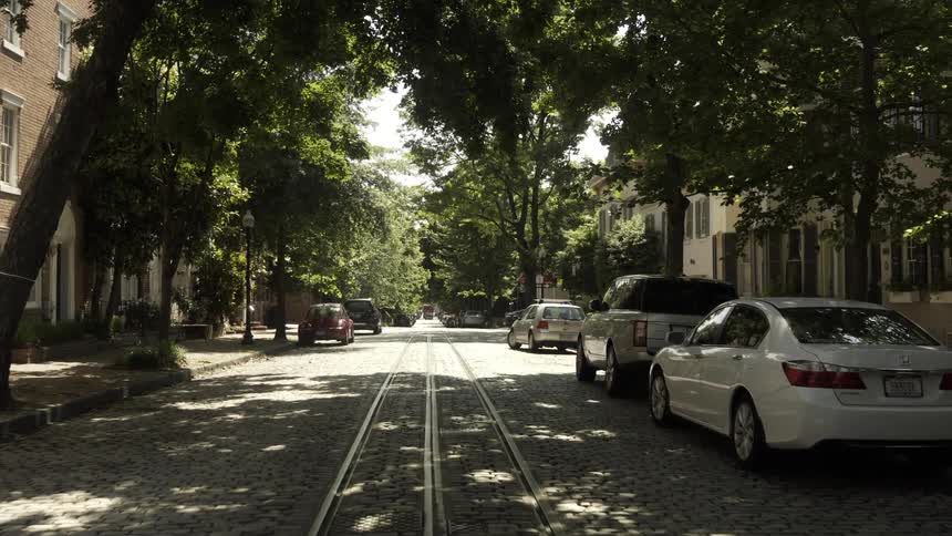 Street of an urban city with parked vehicles and trees on the sidewalk