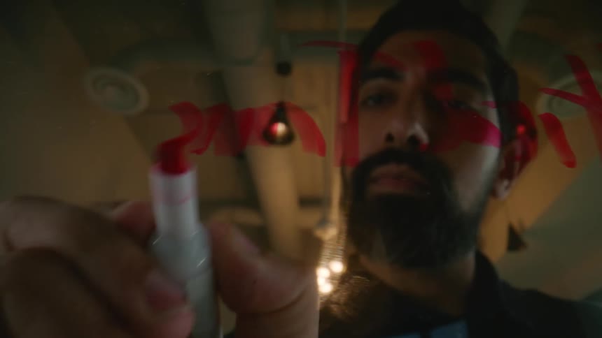Bearded man with a red marker writing on glass