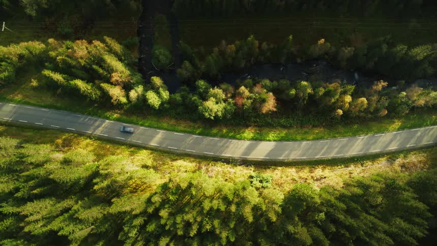 Aerial view of a curved road cutting through a landscape with varied vegetation and a car traveling along