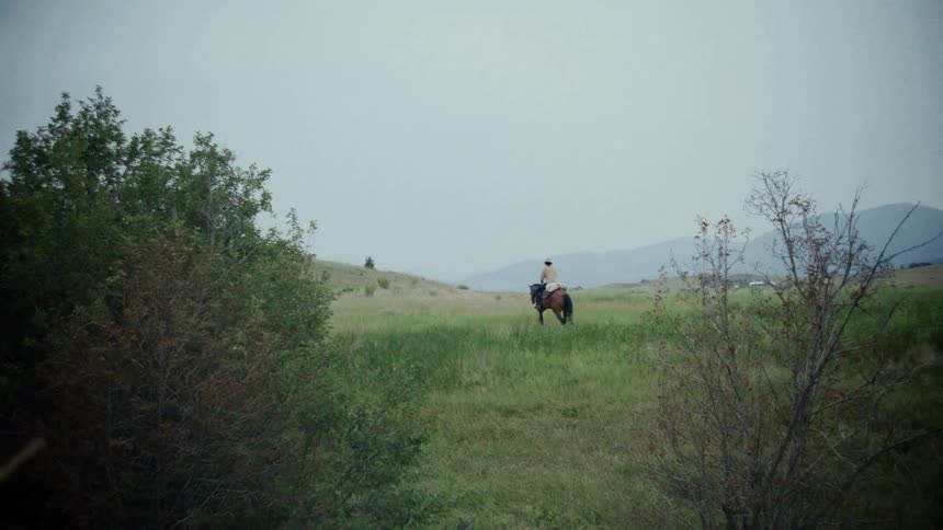 A lone cowboy rides a horse across a vast grassy field under a cloudy sky
