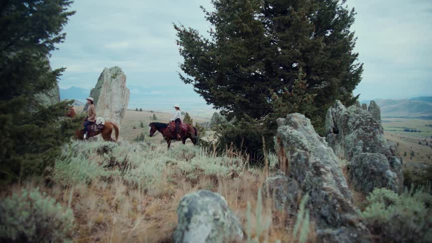 Man and woman riding horses on a hill surrounded by greenery