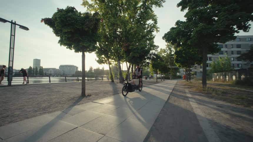 A person riding a cargo bicycle on a treelined sidewalk in the city