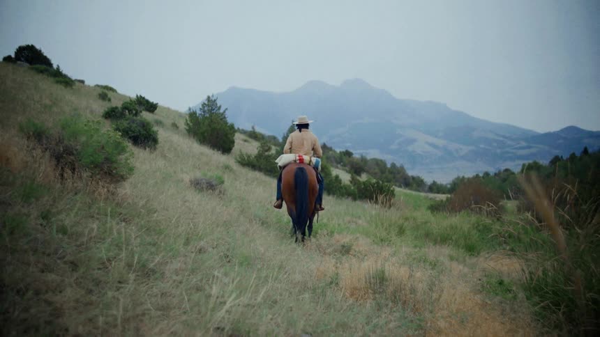 A person riding a horse up a grassy hill with mountains in the background