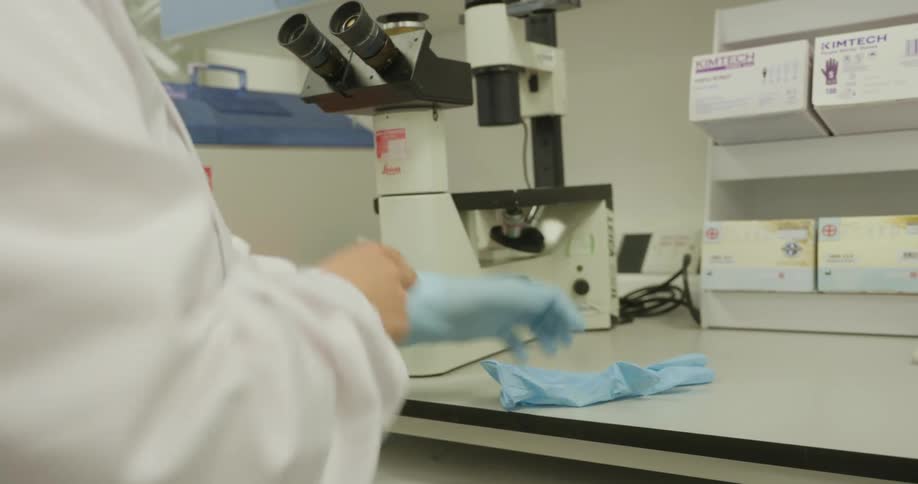A person in a white lab coat using blue gloves handles laboratory equipment