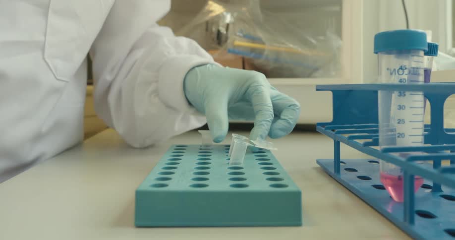 Gloved hand of a person wearing a white lab coat manipulating a pipette to dispense a liquid into a microtiter plate