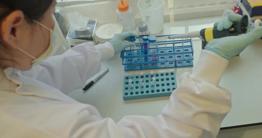 Woman in a lab coat performs a pipetting procedure in a laboratory handling samples in test tubes
