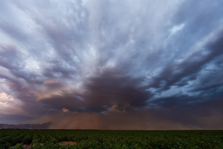 Dramatic sky with dark expansive clouds over an agricultural field