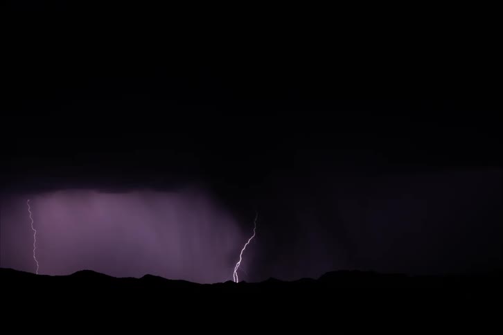 Storm lights up the night sky with multiple bolts of lightning over a mountain range