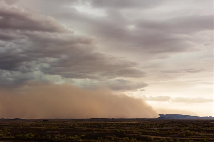 A desert region with a sandstorm coming from the left quickly and covering the entire environment