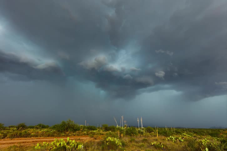 Dark storm clouds with rain and thunder hover over a desert terrain with bushes