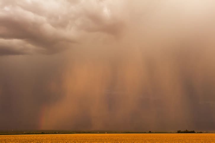 Time lapse of a gust of rain falling over a flat landscape of fields