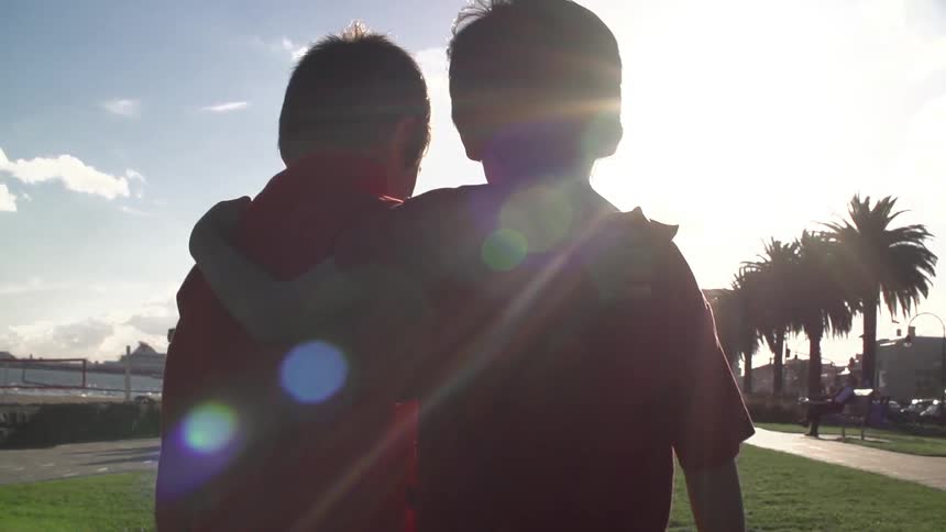 Two boys walk together in a park